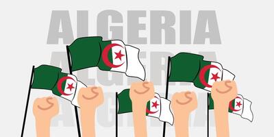 hand with flag of the Algeria or Algeria independence day illustration of Algeria flag with gray background banner or greeting card vector