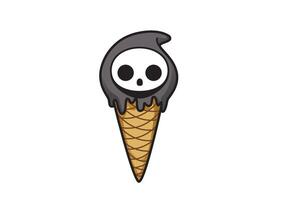 Halloween themed ice cream cone featuring a cute ghost design with melting black ice cream treat concept vector