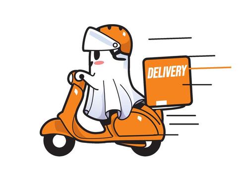 Dynamic ghost character riding a scooter delivering packages with a fun and cheerful design concept. vector