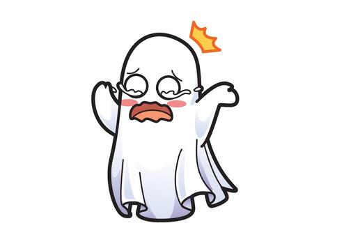 Sad ghost character with a frown and teary eyes showing disappointment while raising its hands in a humorous yet relatable manner. halloween theme vector