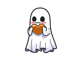 Cute Halloween ghost character holding a heart-shaped cookie with a delighted expression. Halloween concept vector
