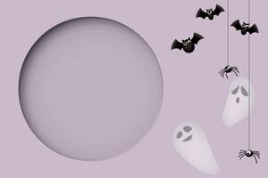 3D circle frame paper cut style with Halloween ghost, bats and spider on purple rectangle background graphic illustration have blank space. vector