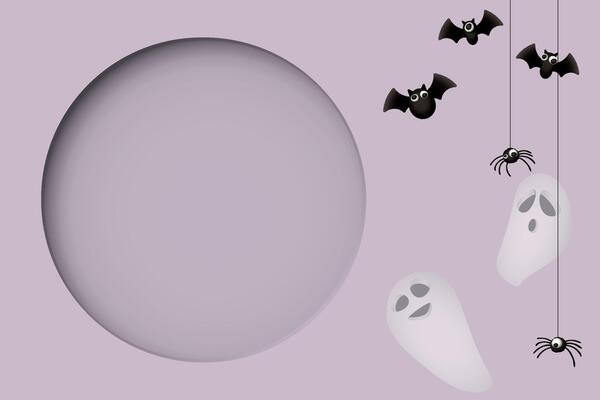 3D circle frame paper cut style with Halloween ghost, bats and spider on purple rectangle background graphic illustration have blank space.