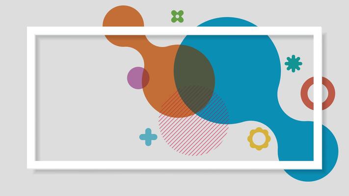 3D white rectangle frame paper cut style with colorful abstract various shapes transparent overlap on gray background graphic illustration.