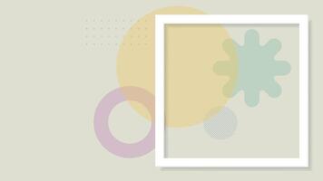 3D white square frame at right with various colorful geometric shape fade condition overlap transparent on wide gray background graphic illustration. vector