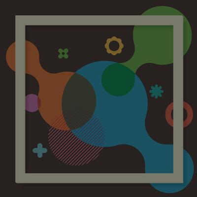 3D gray square frame with colorful abstract various shapes transparent overlap on brown background graphic illustration.