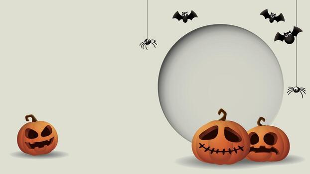 3D circle frame paper cut style with Halloween pumpkins, bats and spider on horizontal gray background graphic illustration have blank space. vector