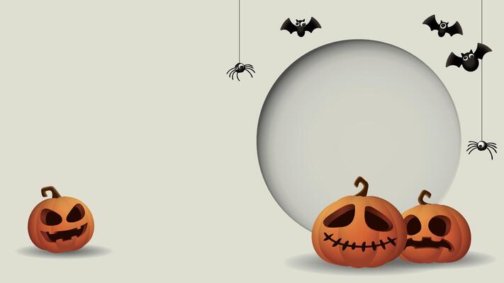 3D circle frame paper cut style with Halloween pumpkins, bats and spider on horizontal gray background graphic illustration have blank space.