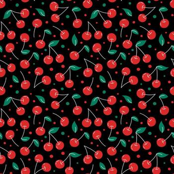 Cute cherry pattern. Black seamless background with flat colorful cherry berries. Repeating summer design, print with simple berry fruits. vector
