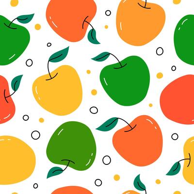 Apples pattern. Seamless background with flat colorful apples. Repeating summer design, graphic print with simple fruits.