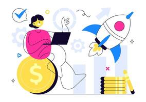 Person using laptop with rocket and money vector