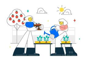 Two people gardening together outdoors vector