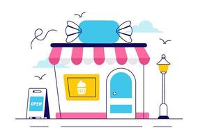 Candy and Cake Shop Illustration with Variety of Colorful Sweets in Flat Style Design vector