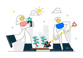 Illustration of Neighborhood Garden with Volunteers Working Together and Communicating vector