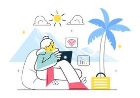 Illustration of Remote Work Freedom Featuring Digital Nomads at Beaches, Cafes, and Mountains vector