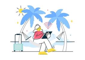 Person using tablet at the beach vector
