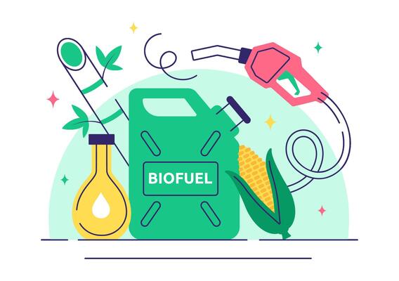 Cartoon Style Illustration of Biogas and Natural Fuel Cycle with Plants and Recycled Materials