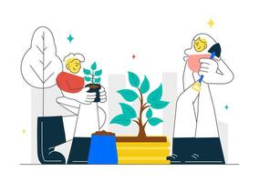 Public Town Garden Illustration with Citizens Caring for Plants and Talking in a Flat Background vector