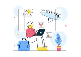 Traveling Freelancer Illustration Depicting Remote Work and Leisure in a Flat Style Concept vector