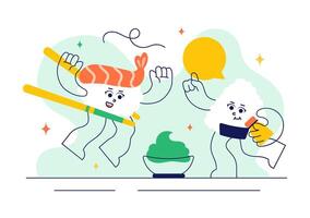 Illustration of Japanese Sushi Dish Served with Wasabi and Soy Sauce in Flat Modern Style vector