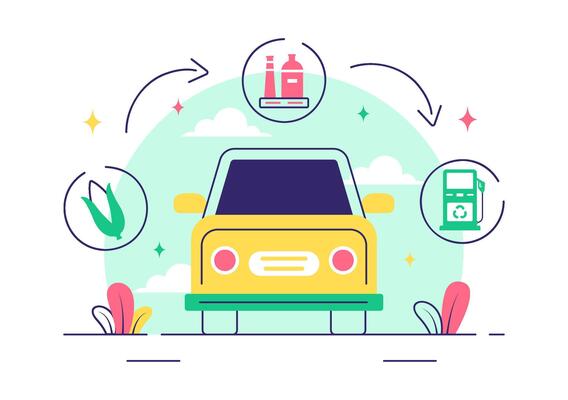 Renewable Biofuel Illustration with Plant-Based Energy and Green Barrels in a Flat Cartoon Background