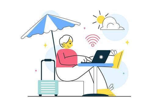 Flat Style Illustration of Digital Nomads Working on Laptops While Exploring Scenic Holiday Destinations vector