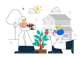 Flat of People in a Community Garden Taking Care of Crops and Engaging in Conversation vector