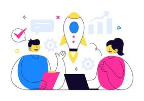 Flat Style of Business Startup Journey with Launching Product and Hitting Target Goals vector