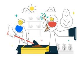 Urban Community Garden Scene Featuring Residents Planting and Socializing in Flat Design vector