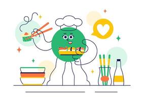 Chef character preparing sushi rolls vector