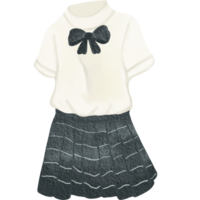 A watercolor illustration of a school uniform featuring a white short sleeved blouse with a blue bow and a pleated dark skirt. png