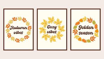 Cozy vibes autumn simple poster set. Fall flyer doodle set. Vectical banner autumn elements. Autumn interior design poster, end of season promo template. illustration. vector