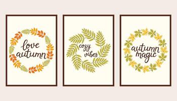 Cozy vibes. Autumn simple poster set. Fall flyer doodle set. Vectical banner autumn elements. Autumn interior design poster, end of season promo template. illustration. vector