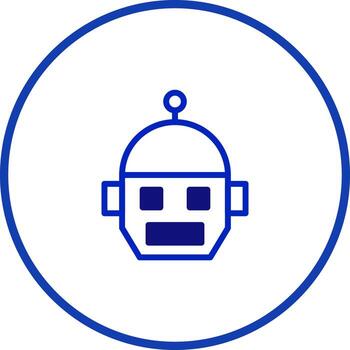 sencillo minimalista robot icono en azul y blanco dentro un circular marco creando un futurista concepto diseño vector