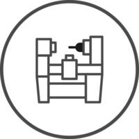 Stylized manufacturing machine icon representing precision technology automation within circular emblem symbol for engineering solutions and industrial processes vector