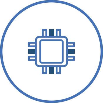 Simple microchip illustration in a circle depicting modern technology and computer science applications and development vector