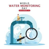 World Water Monitoring Day Poster. Little man monitors water quality vector