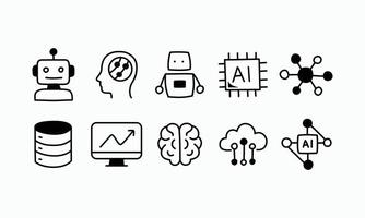 Set of hand drawn icons representing artificial intelligence, machine learning, data science, cloud computing, neural networks, and modern technology in black and white doodle style. vector