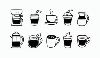 Collection of black and white hand drawn coffee icons. Includes cups, mugs, coffee makers, and cold drinks. Perfect for cafe menus, stickers, infographics, or branding elements. vector