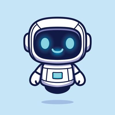 Adorable cartoon robot with a glowing face and a friendly smile. Futuristic AI inspired design in blue tones, perfect for childrens content, tech mascots, or educational materials.