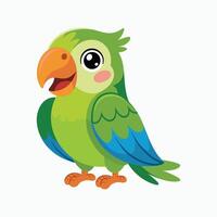 Cute colorful cartoon parrot character with big eyes, green and blue feathers, tropical bird illustration for kids design, animal mascot and education. vector