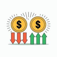 Dollar Coins with Up and Down Arrows, Financial Growth and Decline Concept, Economy Investment Stock Market Money Trend Flat Illustration. vector