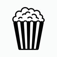 Black and white popcorn icon in classic striped container, movie snack symbol illustration for cinema, entertainment design, food logo or app interface. vector