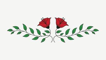 Floral Decorative Element with Red Flowers and Green Leaves, Elegant Design Isolated on White Background for Decoration, Nature, Wedding, and Border Use. vector