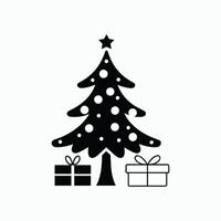 Christmas tree with star and gifts, black and white illustration, festive holiday icon perfect for cards, decorations, invitations, and seasonal design projects. vector