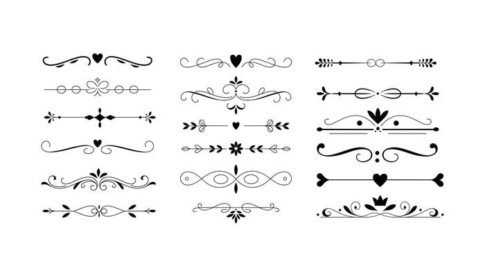Set of 15 Elegant Vintage Divider Elements with Swirls, Hearts, Floral Ornaments, Curly Lines and Decorative Borders for Invitations and Designs illustration.