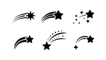 Collection of Shooting Star Icons in Black Silhouette Style Falling Stars, Cosmic Elements, and Meteor Symbols for Dream, Fantasy, or Celestial Design Use. vector
