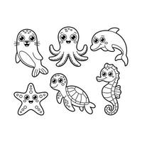 Set of Cute Cartoon Sea Animals Outline Illustrations, Ocean Creatures Black and White Line Art for Kids Coloring Book Pages. vector
