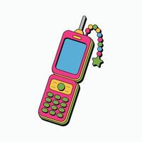 Colorful Retro Flip Phone Illustration with Beaded Charm, Cute Y2K Style Mobile Device Isolated on White, Vintage Aesthetic Tech Drawing vector