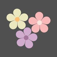 Simple pastel flower illustration with three five petal blooms, flat design, minimal style, isolated on dark background, perfect for spring and summer vibe. vector
